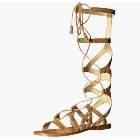 YDN Women  Knee High Lace up Flats Fringe Low Heel Gladiator Strap Sandals Brown - Picture 1 of 8